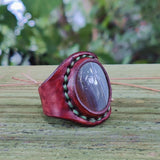 Unique Handcrafted Genuine Vegetal Brown Leather Ring With Gray Agate Stone Setting-Size 13.5 Unisex Gift Fashion Jewelry Band Natural Stone