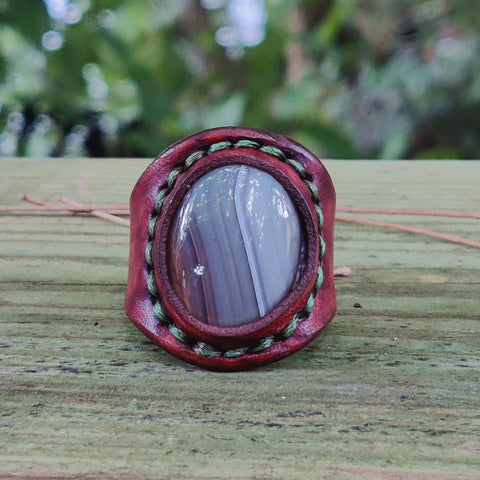 Unique Handcrafted Genuine Vegetal Brown Leather Ring With Gray Agate Stone Setting-Size 13.5 Unisex Gift Fashion Jewelry Band Natural Stone