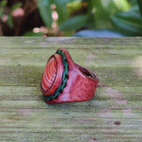 Unique Handcrafted Genuine Vegetal Brown Leather Ring with Orange Agate Stone with White Straps-Size 10.5 Unisex Gift Jewelry