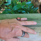 Unique Handcrafted Genuine Vegetal Brown Leather Ring with Orange Agate Stone with White Straps-Size 10.5 Unisex Gift Jewelry