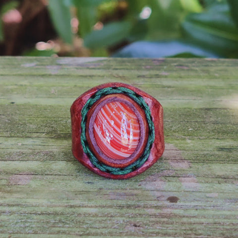 Unique Handcrafted Genuine Vegetal Brown Leather Ring with Orange Agate Stone with White Straps-Size 10.5 Unisex Gift Jewelry