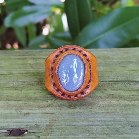 Unique Handcrafted Genuine Vegetal Brown Leather Ring With Gray Agate Stone Setting-Size 16 Unisex Gift Fashion Jewelry Band Natural Stone