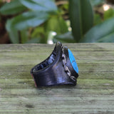 Unique Handcrafted Vegetal Black Leather Ring with Firuze Stone Setting-Size 8 Unisex Gift Fashion Jewelry with Naturel Stone