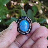 Unique Handcrafted Vegetal Black Leather Ring with Firuze Stone Setting-Size 8 Unisex Gift Fashion Jewelry with Naturel Stone