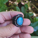 Unique Handcrafted Vegetal Black Leather Ring with Firuze Stone Setting-Size 8 Unisex Gift Fashion Jewelry with Naturel Stone