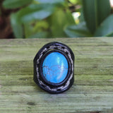 Unique Handcrafted Vegetal Black Leather Ring with Firuze Stone Setting-Size 8 Unisex Gift Fashion Jewelry with Naturel Stone