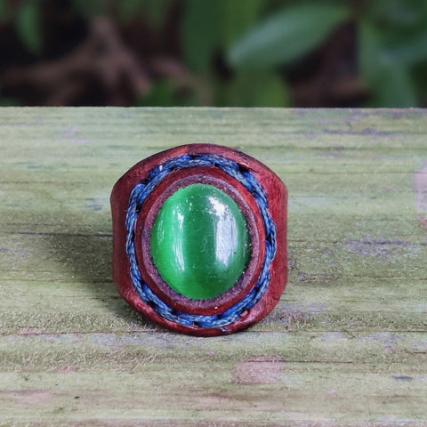 Unique Handcrafted Genuine Vegetal Brown Leather Ring With Green Cat's Eye Stone Setting-Size 6 Unisex Gift Fashion Jewelry Band