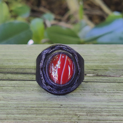 Unique Handcrafted Genuine Vegetal Brown Leather Ring with Orange Agate Stone with White Straps-Size 13 Unisex Gift Jewelry