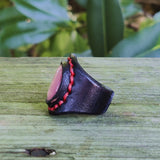 Unique Handcrafted Vegetal Black Leather Ring with Pink Cat's Eye Stone Setting-Size 7.5 Unisex Gift Fashion Jewelry with Naturel Stone