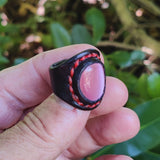 Unique Handcrafted Vegetal Black Leather Ring with Pink Cat's Eye Stone Setting-Size 7.5 Unisex Gift Fashion Jewelry with Naturel Stone