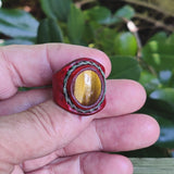 Unique Handcrafted Genuine Vegetal Brown Leather Ring with Tiger's Eye Stone-Size 9.5 Unisex Gift Fashion Jewelry Band with Naturel Stone