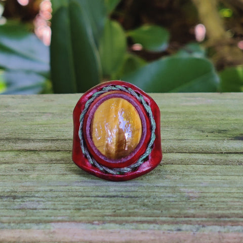 Unique Handcrafted Genuine Vegetal Brown Leather Ring with Tiger's Eye Stone-Size 9.5 Unisex Gift Fashion Jewelry Band with Naturel Stone