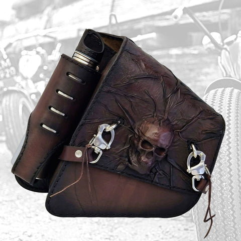 Handcrafted Dark Maroon Vegetal Leather Motorcycle Left Side Saddlebag Skull Design-Harley Davidson Softail-Universal Swingarm Bag