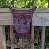 Handcrafted Genuine Vegetal Leather Rustic Maroon Embossed Waves Drop Leg Bag–Skull Design Backpack–Gift Hip Rider-Cross Body Bag