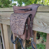 Handcrafted Genuine Vegetal Leather Rustic Gray Embossed Waves Drop Leg Bag–Skull Design Backpack–Gift Hip Rider-Cross Body Bag