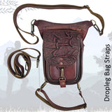 Handcrafted Genuine Vegetal Leather Rustic Maroon Embossed Waves Drop Leg Bag–Skull Design Backpack–Gift Hip Rider-Cross Body Bag