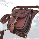 Handcrafted Genuine Vegetal Leather Rustic Maroon Embossed Waves Drop Leg Bag–Skull Design Backpack–Gift Hip Rider-Cross Body Bag
