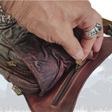 Handcrafted Genuine Vegetal Leather Rustic Maroon Embossed Waves Drop Leg Bag–Skull Design Backpack–Gift Hip Rider-Cross Body Bag