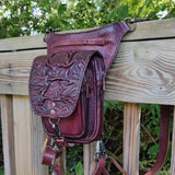 Handcrafted Genuine Vegetal Leather Rustic Maroon Embossed Waves Drop Leg Bag–Skull Design Backpack–Gift Hip Rider-Cross Body Bag