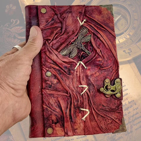 Handcrafted leather Journal with Brass Dragon Fly, Handmade Blank Paper-Inspirational Birthday Gifts for Women and Unique Gifts for Men