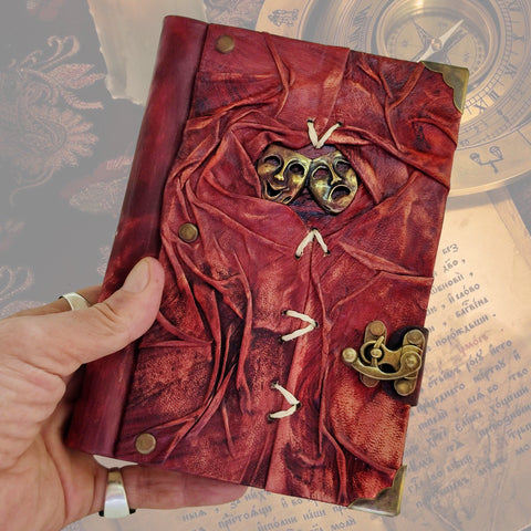Handcrafted leather Journal with Brass Theatre Masks, Handmade Blank Paper-Inspirational Birthday Gifts for Women and Unique Gifts for Men