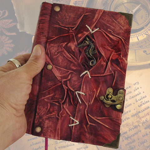 Handcrafted leather Journal with Brass Sea Horse, Handmade Blank Paper-Inspirational Birthday Gifts for Women and Unique Gifts for Men