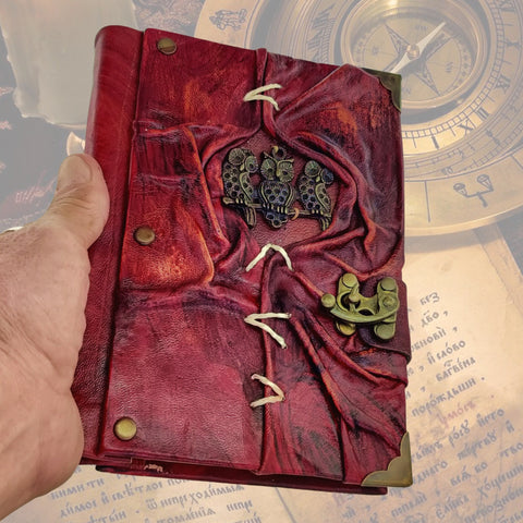 Handcrafted genuine leather Journal with Brass 3 Owl, Handmade Blank Paper-Inspirational Birthday Gifts for Women and Unique Gifts for Men