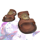Handcrafted Vegetal Leather Sandal for Women with Ethnic Brass Ornament-Life Style Summer Shoes-Gift Flip Flop Fashion Footwear.