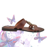 Handcrafted Vegetal Leather Sandal for Women with Ethnic Brass Ornament-Life Style Summer Shoes-Gift Flip Flop Fashion Footwear.