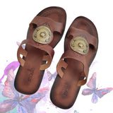 Handcrafted Vegetal Leather Sandal for Women with Ethnic Brass Ornament-Life Style Summer Shoes-Gift Flip Flop Fashion Footwear.