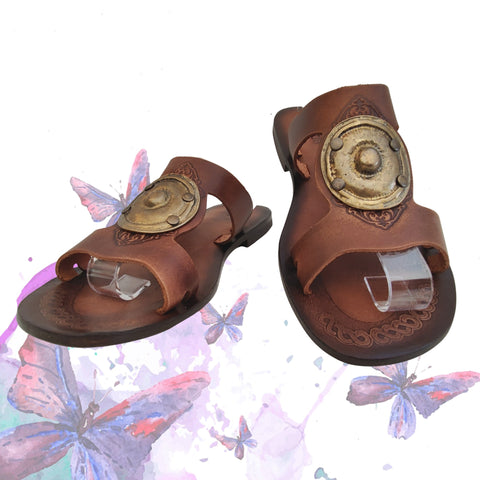 Handcrafted Vegetal Leather Sandal for Women with Ethnic Brass Ornament-Life Style Summer Shoes-Gift Flip Flop Fashion Footwear.