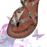 Handcrafted Vegetal Leather Sandal for Women with Ethnic Evil Eye Beads-Life Style High Back Summer Shoes-Gift Flip Flop Fashion Footwear