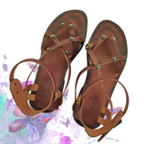 Handcrafted Vegetal Leather Sandal for Women with Ethnic Evil Eye Beads-Life Style High Back Summer Shoes-Gift Flip Flop Fashion Footwear