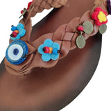 Handcrafted Vegetal Leather Sandal for Women with Ethnic Evil Eye Beads-Life Style High Back Summer Shoes-Gift Flip Flop Fashion Footwear