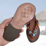 Handcrafted Vegetal Leather Sandal for Women with Ethnic Evil Eye Beads-Life Style High Back Summer Shoes-Gift Flip Flop Fashion Footwear