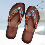 Handcrafted Vegetal Leather Sandal for Women with Ethnic Evil Eye Beads-Life Style High Back Summer Shoes-Gift Flip Flop Fashion Footwear