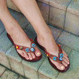 Handcrafted Vegetal Leather Sandal for Women with Ethnic Evil Eye Beads-Life Style High Back Summer Shoes-Gift Flip Flop Fashion Footwear