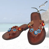 Handcrafted Vegetal Leather Sandal for Women with Ethnic Evil Eye Beads-Life Style High Back Summer Shoes-Gift Flip Flop Fashion Footwear