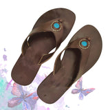 Handcrafted Vegetal Leather Flip Flop for Women with Blue Stone Ornament-Life Style Sandals-Gift for Fashion Footwear