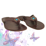 Handcrafted Vegetal Leather Flip Flop for Women with Blue Stone Ornament-Life Style Sandals-Gift for Fashion Footwear