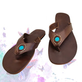 Handcrafted Vegetal Leather Flip Flop for Women with Blue Stone Ornament-Life Style Sandals-Gift for Fashion Footwear