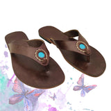 Handcrafted Vegetal Leather Flip Flop for Women with Blue Stone Ornament-Life Style Sandals-Gift for Fashion Footwear
