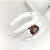 Unique Handcrafted Genuine Vegetal Brown Leather Ring with Gray Agate Stone -Unisex Gift Fashion Jewelry Band with Naturel Stone