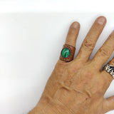 Unique Handcrafted Genuine Vegetal Green Leather Ring with Black Agate Stone Setting-Size 9.5 Unisex Gift Fashion Jewelry Band