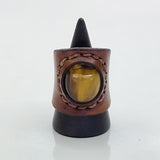 Unique Handcrafted Genuine Vegetal Brown Leather Ring with Tiger Eye Stone-Unisex Gift Fashion Jewelry Band with Naturel Stone