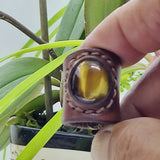 Unique Handcrafted Genuine Vegetal Brown Leather Ring with Tiger Eye Stone-Unisex Gift Fashion Jewelry Band with Naturel Stone