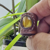 Unique Handcrafted Genuine Vegetal Brown Leather Ring with Tiger Eye Stone-Unisex Gift Fashion Jewelry Band with Naturel Stone