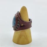 Unique Handcrafted Genuine Vegetal Brown Leather Ring with Blue Agate Stone-Size 10 Unisex Gift Fashion Jewelry with Natural Stone Band