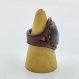 Unique Handcrafted Genuine Vegetal Brown Leather Ring with Blue Agate Stone-Size 10 Unisex Gift Fashion Jewelry with Natural Stone Band