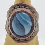 Unique Handcrafted Genuine Vegetal Brown Leather Ring with Blue Agate Stone-Size 10 Unisex Gift Fashion Jewelry with Natural Stone Band
